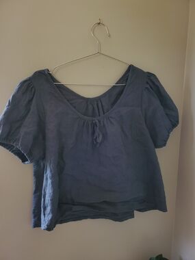 notPERFECTLINEN Slate Blue Scoop-Neck Puff Sleeve Linen Top